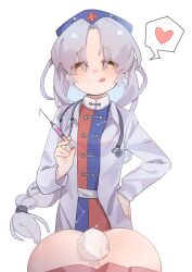 2girls absurdres ass blue_dress blue_hat braid constellation constellation_print cross dress grey_hair gumingdi_ban hand_on_own_hip hat heart highres holding holding_syringe jacket lab_coat long_hair long_sleeves looking_at_ass multicolored_dress multiple_girls nurse_cap pink_skirt rabbit_tail red_cross red_dress reisen_udongein_inaba simple_background skirt smile speech_bubble spoken_heart stethoscope stethoscope_around_neck syringe tail tongue tongue_out touhou two-tone_dress very_long_hair white_background white_jacket yagokoro_eirin yellow_eyes