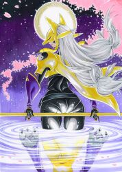 Rule 34 | 1girl, ass, black bodysuit, bodysuit, cherry blossoms, different reflection, digimon, digimon (creature), fox mask, from behind, full body, highres, holding, holding staff, long hair, mask, miura satoru, petals, reflection, renamon, sakuyamon, solo, staff