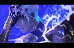 Rule 34 | 1boy, artist name, bare shoulders, blue background, blue eyes, cropped shoulders, dark-skinned male, dark skin, earrings, fate/grand order, fate (series), fomnant, glowing, glowing eyes, gradient hair, hand on own head, high collar, highres, indra (fate), jewelry, lightning, lightning bolt symbol, looking to the side, multicolored hair, simple background, single earring, solo, two-tone hair, white hair