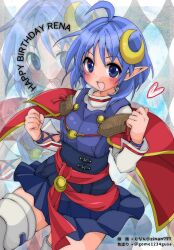 1girl blue_eyes blue_hair cape colorized crescent crescent_hair_ornament hair_ornament highres looking_at_viewer open_mouth pointy_ears red_cape rena_lanford short_hair skirt smile solo star_ocean star_ocean_the_second_story thighhighs zinan