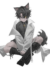 1boy absurdres animal_ears black_boots black_eyes black_hair black_shirt black_shorts boots coat collar curtained_hair dog_ears dog_tail double-parted_bangs frown full_body furry hair_between_eyes heterochromia highres lace-up_boots looking_at_viewer omniscient_reader&#039;s_viewpoint shirt shorts solo tack_ka_2_0 tail white_coat yellow_eyes yoo_joonghyuk