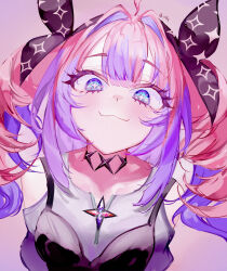 +_+ 1girl :3 absurdres ahoge bare_shoulders black_bra black_ribbon blue_eyes blush bra bra_over_clothes closed_mouth commentary english_commentary eyelashes hair_intakes hair_ribbon highres hololive hololive_dev_is kikirara_vivi long_hair looking_at_viewer mile_(off8mile) multicolored_hair pink_background pink_hair purple_hair purple_sleeves ribbon shirt simple_background smile solo sparkle_print twintails twitter_username two-tone_hair underwear virtual_youtuber white_shirt