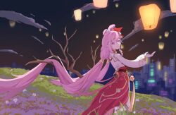 Rule 34 | 1girl, bell, branch, chinese commentary, closed mouth, commentary request, elysia (herrscher of human: ego) (honkai impact), elysia (honkai impact), elysia (peachy spring) (honkai impact), flower, hair flower, hair ornament, hand up, highres, honkai (series), honkai impact 3rd, lantern, long hair, long skirt, long sleeves, low twintails, official alternate costume, paper lantern, pink hair, pink skirt, pointy ears, purple eyes, rio (user kzxp8757), shrug (clothing), skirt, smile, solo, twintails, very long hair, white flower, white shrug