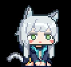 1girl :o animal_ears animated animated_gif arknights between_legs black_jacket blush_stickers cat_ears cat_girl cat_tail chibi commentary green_eyes hand_between_legs jacket jitome kneeling long_hair long_sleeves looking_at_viewer looping_animation lowres meme pawamo_power pixel_art pop_cat_(meme) rosmontis_(arknights) sidelocks silver_hair sitting solo tail transparent_background wariza