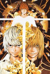 3boys angel blonde_hair bob_cut brown_hair chain cherub death_note feathered_wings feathers highres lips long_bangs mello_(death_note) multiple_boys near_(death_note) obata_takeshi official_art scar scar_on_face shirt tsurime underlighting white_hair white_shirt wings yagami_light