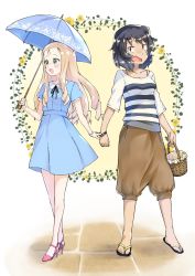 10s 2girls andou_(girls_und_panzer) black_hair black_ribbon black_shirt blonde_hair blouse blue_dress blue_umbrella bracer brown_eyes brown_pants camisole capri_pants casual collared_shirt commentary_request couple dark-skinned_female dark_skin dress drill_hair flip-flops flower frown girls_und_panzer green_eyes grey_shirt high_heels highres holding holding_hands ivy long_hair looking_at_another looking_back looking_to_the_side marie_(girls_und_panzer) medium_dress medium_hair messy_hair multiple_girls neck_ribbon no_legwear open_mouth pants picnic_basket pink_shoes puffy_pants puffy_short_sleeves puffy_sleeves ribbon sandals shirt shoes short_sleeves smile standing striped_clothes striped_shirt toon_(noin) umbrella watch white_shirt wristwatch yuri
