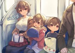 2boys 2girls artist_name bag black_hair black_skirt breasts brother_and_sister brown_jacket child commission family father_and_daughter father_and_son feet_out_of_frame hair_flaps hood hooded_jacket husband_and_wife if_they_mated jacket jingei_(kancolle) kantai_collection large_breasts long_hair mother_and_daughter mother_and_son multiple_boys multiple_girls pink_jacket red_eyes shirt shopping_bag siblings sitting skeb_commission skirt stuffed_whale train_interior white_shirt wss_(nicoseiga19993411)
