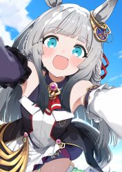 Rule 34 | 1girl, animal ears, aqua eyes, armpits, ascot, asymmetrical sleeves, blunt bangs, chrono genesis (umamusume), commentary request, crying, crying with eyes open, detached sleeves, ear ornament, floating hair, flying teardrops, foreshortening, from below, gem, glomp, grey hair, hair ribbon, highres, horse ears, horse girl, horse tail, hug, long hair, looking at viewer, mismatched sleeves, outdoors, pov, purple gemstone, red ascot, red ribbon, ribbon, solo, tail, tears, totomono, umamusume