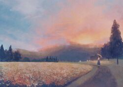 1girl black_hair black_shoes building cloud cloudy_sky commentary_request evening faceless faceless_female field flower flower_field from_side grey_skirt harucoro25 highres holding holding_umbrella landscape long_hair long_skirt orange_clouds original path road scenery shirt shoes skirt sky socks solo standing sunset tree umbrella very_wide_shot white_shirt white_socks
