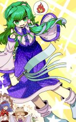 Rule 34 | 3girls, aqua shoes, bare shoulders, blue skirt, blush stickers, closed eyes, collared shirt, detached sleeves, fire, frog, frog hair ornament, gohei, green eyes, green hair, hair ornament, hair tubes, holding, holding gohei, ichirugi, jewelry, kochiya sanae, leaf hair ornament, long hair, long skirt, mirror, moriya suwako, multiple girls, necklace, open mouth, outstretched arms, print skirt, purple hair, purple shirt, red shirt, rope, shirt, shoes, single hair tube, single sidelock, skirt, smile, snake hair ornament, socks, star (symbol), touhou, turtleneck, undefined fantastic object, white shirt, white sleeves, wide sleeves, yasaka kanako