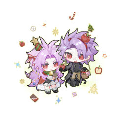 2boys absurdres alternate_costume antenna_hair apple apple_hair_ornament belt black_belt black_boots black_coat black_gloves black_shirt black_shoes black_vest book boots bow brown_pants candy candy_cane cape chibi chibi_only chinese_commentary chocolate chocolate_bar christmas_tree closed_mouth coat commentary_request earrings flower food food-themed_hair_ornament frown fruit gloves hair_bow hair_ornament hairband haoe_(157876) hatsutori_hajime highres holding holding_book holding_food holding_fruit jewelry long_hair long_sleeves male_focus multiple_boys open_belt open_clothes open_coat open_mouth pants pink_flower purple_hair red_bow red_cape red_eyes red_hairband saibou_shinkyoku shirt shoes short_hair shorts smile socks sparkle star_(symbol) theodore_riddle tsurime vest white_flower white_shirt white_shorts white_socks