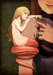 Rule 34 | 2girls, bare shoulders, blonde hair, breasts, coiled, commentary request, dark-skinned female, dark skin, highres, janome gochou, lamia, long hair, mini person, minigirl, monster girl, multiple girls, nude, original, photoshop (medium), red eyes, revision, scales, sideboob, smile, snake, tail