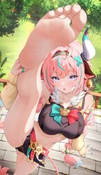 1girl :o absurdres ahoge animal_ears aqua_hair bandaid bandaid_on_cheek bandaid_on_face bare_legs bare_shoulders barefoot belt black_panties black_skirt bow bowtie braid breasts cameltoe collarbone collared_shirt commentary cow_ears cow_girl cow_horns cow_tail crop_top detached_sleeves feet fingerless_gloves flexible foot_focus foot_out_of_frame genshin_impact gloves hair_intakes hair_ornament hairband highres horns kneepits large_breasts long_hair looking_at_viewer low_twin_braids midriff miniskirt multicolored_hair multicolored_hairband no_shoes open_mouth outdoors panties pink_hair pink_tail pleated_skirt purple_eyes radoremo red_belt shirt skirt soles solo split standing standing_on_one_leg standing_split streaked_hair tail toenails toes twin_braids two-tone_bow two-tone_bowtie two-tone_hair underwear varesa_(genshin_impact) very_long_hair x_hair_ornament yellow_sleeves