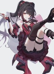 1girl absurdres bare_shoulders bell black_choker black_gloves black_shoes black_thighhighs blush breasts brown_hair butterfly-shaped_pupils choker criss-cross_halter detached_sleeves dress facial_mark floating gloves gun halterneck handgun heart heart_tattoo highres holding honkai:_star_rail honkai_(series) honkai_impact_3rd klq_gm long_hair looking_at_viewer neck_bell official_alternate_costume parted_lips puffy_short_sleeves puffy_sleeves red_dress red_eyes red_sleeves revolver shoes short_sleeves simple_background single_glove single_thighhigh smile snubnosed_revolver solo sparkle_(fictitious_game)_(honkai:_star_rail) sparkle_(honkai:_star_rail) symbol-shaped_pupils tattoo thighhighs twintails very_long_hair weapon white_background