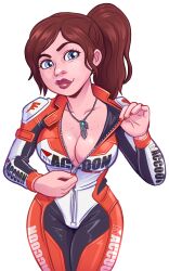 Rule 34 | 1girl, absurdres, bent over, blue eyes, body freckles, bodysuit, breasts, brown hair, brown lips, claire redfield, cleavage, commentary, cowboy shot, emilie easie, english commentary, freckles, highres, jewelry, medium breasts, necklace, orange bodysuit, partially unzipped, ponytail, resident evil, resident evil 2, smile, solo, unzipping
