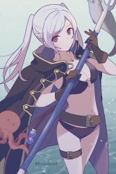 Rule 34 | 1girl, 343rone, bikini, black bikini, breasts, brown eyes, brown gloves, cleavage, closed mouth, female robin (fire emblem), female robin (seaside tactician) (fire emblem), fire emblem, fire emblem awakening, fire emblem heroes, gloves, highres, jewelry, large breasts, long hair, navel, necklace, nintendo, octopus, official alternate costume, smile, solo, standing, stomach, swimsuit, thigh strap, thighs, twintails, white hair