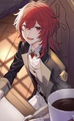 1boy :d antenna_hair belt belt_buckle black_belt black_jacket blush buckle buttons chair coffee coffee_mug collared_shirt commentary crossed_bangs cup diluc_(genshin_impact) gem genshin_impact gloves grey_vest hair_between_eyes hair_intakes highres holding holding_quill indoors jacket kn_(akairo0530) lapels light_particles long_hair long_sleeves looking_at_viewer looking_up male_focus mug on_chair open_clothes open_jacket open_mouth pants paper quill red_eyes red_gemstone red_hair shirt shirt_tucked_in sidelocks sitting sleeve_cuffs smile solo steam table teeth upper_teeth_only vest white_gloves white_pants white_shirt window_shadow wing_collar wooden_floor