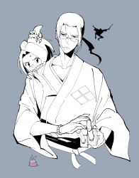 1girl 2boys absurdres bead_bracelet beads bracelet furrowed_brow fuu_(samurai_champloo) glasses grey_background greyscale hands_on_another&#039;s_shoulders highres igusaharu japanese_clothes jewelry jinnosuke katana monochrome mugen_(samurai_champloo) multiple_boys multiple_swords on_head parted_bangs ponytail samurai_champloo squirrel sweatdrop sword upper_body weapon
