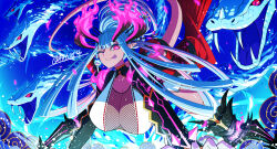 1girl all_fours blue_hair breasts colored_skin fangs fate/grand_order fate_(series) fiery_horns grey_skin hair_rings highres horns huge_breasts ibuki_douji_(fate) ibuki_douji_(swimsuit_berserker)_(fate) ibuki_douji_(swimsuit_berserker)_(third_ascension)_(fate) neo_kabocha one_eye_closed pink_eyes pointy_ears signature slit_pupils snake tail tongue tongue_out