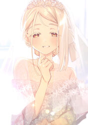 1girl absurdres blonde_hair blush bridal_veil collarbone colored_eyelashes commentary_request dress gakuen_idolmaster highres idolmaster looking_at_viewer off-shoulder_dress off_shoulder orange_eyes shinosawa_hiro smile solo tamago_sando tiara upper_body veil wedding_dress white_dress