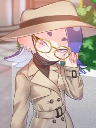 1girl adjusting_eyewear amakusa_setoka bespectacled black_mask blue_hair blurry blurry_background cephalopod_eyes coat commentary_request earrings glasses highres jewelry looking_at_viewer mask mouth_mask multiple_earrings nintendo octoling red_eyes round_eyewear shiver_(splatoon) solo splatoon_(series) splatoon_3 tentacle_hair tooth_earrings trench_coat yellow-framed_eyewear