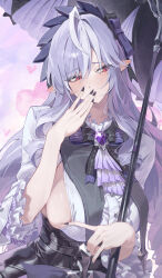 1girl absurdres ahoge ascot black_bow black_bowtie black_nails black_skirt blush bow bowtie breasts center_frills clothes_lift commentary covering_own_mouth fingernails frilled_shirt frills gem hair_ribbon highres holding holding_umbrella large_breasts lifting_own_clothes long_hair long_sleeves looking_to_the_side mole mole_under_eye multicolored_hair nail_polish netural pink_background pink_eyes pointy_ears purple_ascot purple_bow purple_bowtie purple_gemstone purple_hair purple_nails purple_ribbon ribbon shirt shirt_lift sideboob skirt solo streaked_hair striped_bow two-tone_hair umbrella underbust vivian_banshee white_shirt zenless_zone_zero