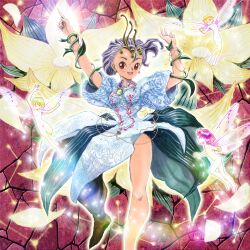 4girls absurdres akai_takami blonde_hair blue_dress brooch character_request completely_nude dress earrings fairy fairy_wings flower headpiece highres jewelry lisa_(princess_maker) looking_at_viewer mini_person minigirl multiple_girls necklace nude open_mouth plant princess_maker_(series) princess_maker_3 purple_hair red_eyes short_hair smile traditional_media vines wings