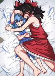 2girls ascot bare_shoulders barefoot black_hair blue_bow blue_eyes blue_hair blue_skirt blue_vest bow breasts chest_sarashi cirno closed_eyes closed_mouth commentary cuddling detached_wings dress english_commentary foot_out_of_frame formicid frilled_bow frilled_hair_tubes frilled_skirt frills from_side full_body hair_between_eyes hair_bow hair_tubes hakurei_reimu hot japanese_clothes long_hair lying medium_hair multiple_girls nontraditional_miko on_back on_bed open_mouth puffy_short_sleeves puffy_sleeves red_bow red_shirt red_skirt sarashi shirt short_sleeves sidelocks skirt skirt_set sleeveless sleeveless_shirt small_breasts sweat touhou vest white_shirt wings yellow_ascot