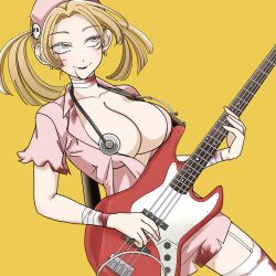 Rule 34 | 1girl, alternate breast size, bandaged arm, bandaged neck, bandages, bass guitar, blonde hair, blood, blood on clothes, blood on face, blunt ends, body freckles, breasts, collarbone, collared dress, commentary, convenient censoring, cowboy shot, dress, dutch angle, earrings, fake blood, fender jazz bass, freckles, futsuu no keion-bu, garter straps, guitar strap, hair ornament, hashtag-only commentary, hat, instrument, jewelry, large breasts, looking up, music, no bra, nurse, nurse cap, official alternate costume, official alternate hairstyle, open clothes, open dress, pink dress, pink hat, playing bass guitar, playing instrument, ruri (ruri ), short dress, short sleeves, simple background, skull hair ornament, smile, solo, stethoscope, stethoscope around neck, thighhighs, torn clothes, tsuru asaka, twintails, white thighhighs, yellow background, yellow eyes