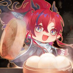 1boy :d arknights beads black_hair black_horns blush chibi chibi_only chinese_commentary colored_extremities commentary_request food green_eyes hair_between_eyes hair_intakes highres holding holding_lid horns lid long_hair looking_at_viewer male_focus multicolored_hair open_mouth purple_hair red_hair smile solo steam steamed_bun streaked_hair yiyu_wusheng yu_(arknights)