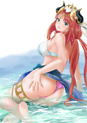 1girl ass barefoot bikini blue_eyes blush breasts cameltoe circlet commentary_request fake_horns feet genshin_impact hand_on_own_ass highres horns jewelry long_hair long_sleeves looking_at_viewer medium_breasts navel nilou_(genshin_impact) partial_commentary red_hair revision skirt smile solo sprocket-gama swimsuit thighs veil water white_background white_veil