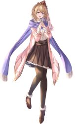 1girl alternate_costume black_pantyhose blonde_hair blue_eyes blue_scarf boots brown_boots brown_skirt coat europa_(granblue_fantasy) full_body fur-trimmed_boots fur_trim granblue_fantasy highres kanpyou_(hghgkenfany) long_sleeves looking_at_viewer medium_hair nail_polish open_clothes open_coat open_mouth pantyhose pink_coat scarf simple_background skirt solo standing sweater tiara white_background white_sweater