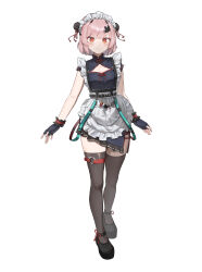 absurdres apron black_thighhighs breasts chinese_clothes cleavage double_bun fingerless_gloves fritia_ignis gloves hair_bun highres maid maid_headdress pink_hair pisik qi_maid red_eyes shoes short_hair smile snowbreak:_containment_zone snowbreak_design_contest tassel thighhighs