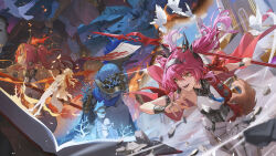 Rule 34 | 1girl, armlet, armor, bare shoulders, bird, black bow, bodysuit, boots, bow, breastplate, breasts, chinese commentary, collar, commentary request, earrings, fire, hair between eyes, hair bow, hairband, hand up, headgear, highres, holding, holding polearm, holding weapon, jewelry, long hair, lupa (wuthering waves), medium breasts, metal collar, metal hairband, multiple hair bows, multiple views, open mouth, pink hair, polearm, red sash, sash, smile, tacet discord (wuthering waves), tacet mark (wuthering waves), thigh boots, ttk (kirinottk), weapon, white bird, white bodysuit, white boots, wrist guards, wuthering waves, yellow eyes