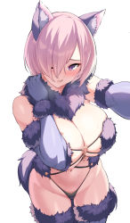 1girl animal_ears areola_slip bare_shoulders black_panties blush breasts elbow_gloves fate/grand_order fate_(series) gloves hair_over_one_eye hickey highres kook large_breasts looking_at_viewer mash_kyrielight mash_kyrielight_(dangerous_beast) navel one_eye_closed panties parted_lips pink_hair purple_eyes purple_gloves purple_thighhighs short_hair solo_focus thighhighs thighs underwear
