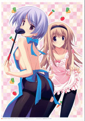 Rule 34 | 2000s (style), 2010, 2girls, absurdres, apron, apron lift, ass, back, back bow, backboob, bare back, bare shoulders, bell pepper, black hairband, black pantyhose, blue apron, blue hair, blush, bow, bow apron, breasts, carrot, chaos;head, checkered background, chest bow, clothes lift, collarbone, covering own mouth, dated, ears visible through hair, frilled apron, frills, from behind, hair between eyes, hair ornament, hairband, highres, holding, holding ladle, kishimoto ayase, ladle, long hair, looking at viewer, looking back, matsuo yukihiro, median furrow, medium breasts, multiple girls, naked apron, nishijou nanami, non-web source, official art, pantyhose, pink apron, pink eyes, purple eyes, scan, shiny skin, short hair, shoulder blades, sideboob, sidelocks, small breasts, smile, spatula, tomato, topless female