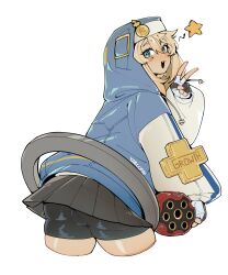 Rule 34 | 1girl, absurdres, alohapz, artist name, ass, black skirt, blonde hair, blue eyes, blush, bridget (guilty gear), bulge, commentary, cropped legs, eyelashes, fingerless gloves, from behind, gloves, guilty gear, guilty gear strive, highres, hood, hooded jacket, jacket, long hair, looking at viewer, looking back, male focus, open mouth, pleated skirt, shorts, shorts under skirt, sidelocks, signature, skindentation, skirt, solo, star (symbol), symbol-only commentary, thick thighs, thighs, transgender, v, yo-yo