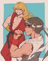 Rule 34 | 2boys, abs, bare pectorals, bare shoulders, belt, black belt, blonde hair, border, brown hair, clenched hand, closed eyes, commentary request, dougi, fingerless gloves, forked eyebrows, gloves, grin, hand on own hip, headband, highres, ken masters, male focus, mista0930, multiple boys, outside border, pants, pectorals, red gloves, red pants, ryu (street fighter), short hair, sleeveless, small sweatdrop, smile, street fighter, street fighter zero (series), sweat, teeth, torn clothes, torn sleeves, white headband, yellow gloves