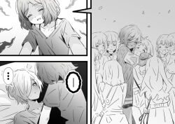 6+girls :3 age_difference blush closed_mouth collarbone commentary ebizuka_tomo girls_band_cry greyscale hair_over_one_eye hug jealous lwmina70119 mole mole_under_eye monochrome multiple_girls open_mouth rupa_(girls_band_cry) shirt short_hair spaghetti_strap speech_bubble sweatdrop sweater_vest thought_bubble yuri