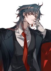 Rule 34 | 1boy, absurdres, adam&#039;s apple, alternate costume, bandaged fingers, bandaged hand, bandages, black hair, black jacket, black vest, blade (honkai: star rail), blade (jepella rebellion) (honkai: star rail), collared shirt, curtained hair, ear piercing, earrings, hand on own face, highres, honkai: star rail, honkai (series), jacket, jewelry, long hair, looking at viewer, male focus, necktie, open clothes, open jacket, parted bangs, parted lips, piercing, red eyes, red necktie, rongyishoushan2, shirt, simple background, single earring, sitting, solo, teeth, upper body, vest, white background, white shirt