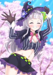 1girl a5hio absurdres black_hat black_skirt blue_sky brown_gloves cherry_blossoms closed_eyes closed_mouth cloud crop_top gloves grey_hair grey_shirt hat highres hololive long_hair looking_at_viewer murasaki_shion murasaki_shion_(1st_costume) shirt sidelocks skirt sky smile solo striped_clothes striped_shirt vertical-striped_clothes vertical-striped_shirt very_long_hair virtual_youtuber witch_hat yellow_eyes