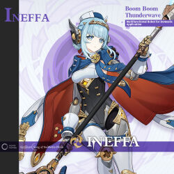 1girl android blue_eyes blue_hair breasts cape character_name circular_saw commentary cowboy_shot english_commentary foot_out_of_frame genshin_impact hat holding holding_weapon ineffa_(genshin_impact) leotard looking_at_viewer official_art saw short_hair sidelocks small_breasts solo weapon
