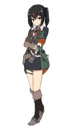 Rule 34 | 1girl, alternate costume, armed crossbow, bamiko (nanju bami), black hair, brown eyes, brown hair, gloves, green jacket, highres, holster, jacket, multicolored hair, nanju bami, original, shirt, simple background, solo, thigh holster, thighs, twintails, two-tone hair, white background, white shirt