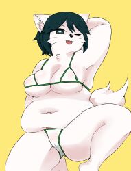 1girl animal_ear_fluff animal_ears armpits bikini breasts bright_pupils cat_ears cat_girl cat_tail chanpuru_(nicoseiga_67544477) colored_skin commentary_request cookie_(touhou) fat full_body furry furry_female green_eyes green_hair highres large_breasts looking_at_viewer micro_bikini milk_(cookie) murasa_minamitsu navel one_eye_closed open_mouth short_hair solo swimsuit tail touhou white_bikini white_pupils white_skin yellow_background