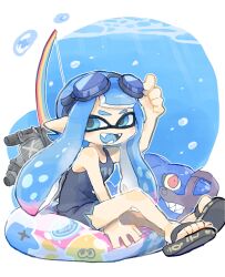 Rule 34 | 1girl, black sandals, blue eyes, blue hair, bow (weapon), colored tips, commentary request, goggles, goggles on head, highres, inkling, inkling girl, inkling player character, long hair, multicolored hair, nintendo, open mouth, pink hair, pointy ears, reefslider (splatoon), sandals, smile, solo, splatoon (series), splatoon 3, tentacle hair, tri-stringer (splatoon), two-tone hair, weapon, yuritokemo
