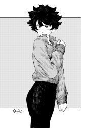 1girl absurdres black_pants clenched_hands collared_jacket commentary_request ez_tanishi greyscale halftone high-waist_pants highres jacket messy_hair monochrome open_mouth original pants short_hair solo tomboy v-shaped_eyebrows
