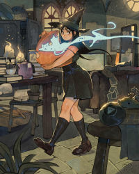 1girl black_hair black_legwear black_skirt book brown_footwear candle card carrying cat chair couch cup ear_piercing ghost hat highres indoors kettle long_hair looking_back original piercing pleated_skirt pot simz skirt slice_of_life solo table teacup walking window witch_hat