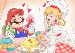 1boy 1girl :t agua_mp apron big_nose blonde_hair blue_overalls blush braid brown_hair newsboy_cap chef_hat closed_eyes commentary cookie dress earrings eating facial_hair food food_on_face gloves hair_rings hat heart highres holding holding_food jewelry long_hair mario mario_(series) mustache nintendo official_alternate_costume open_mouth overalls patissiere_peach pink_sailor_collar princess_peach princess_peach:_showtime! puffy_short_sleeves puffy_sleeves red_shirt sailor_collar shirt short_sleeves simple_background sketch sphere_earrings super_star_(mario) symbol-only_commentary table upper_body white_apron white_gloves white_hat