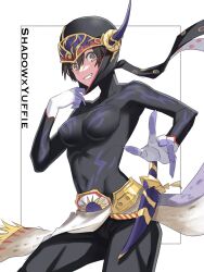 1girl black_hair bodysuit breasts brown_eyes cosplay decoponmagi final_fantasy final_fantasy_vi highres in-franchise_crossover mask_pull shadow_(ff6) shadow_(ff6)_(cosplay) smile solo trait_connection upper_body yuffie_kisaragi