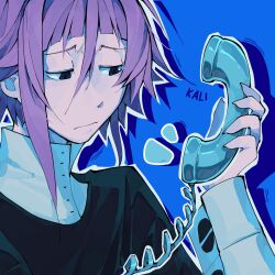 1other :/ androgynous artist_name asymmetrical_hair asymmetrical_sidelocks black_eyes cable closed_mouth commentary corded_phone crona_(soul_eater) cuff_links drop_shadow english_commentary fingernails hair_between_eyes highres holding holding_phone kaligraphy looking_at_object other_focus outline pale_skin phone purple_hair sharp_fingernails signature sleeve_cuffs soul_eater white_outline white_sleeve_cuffs